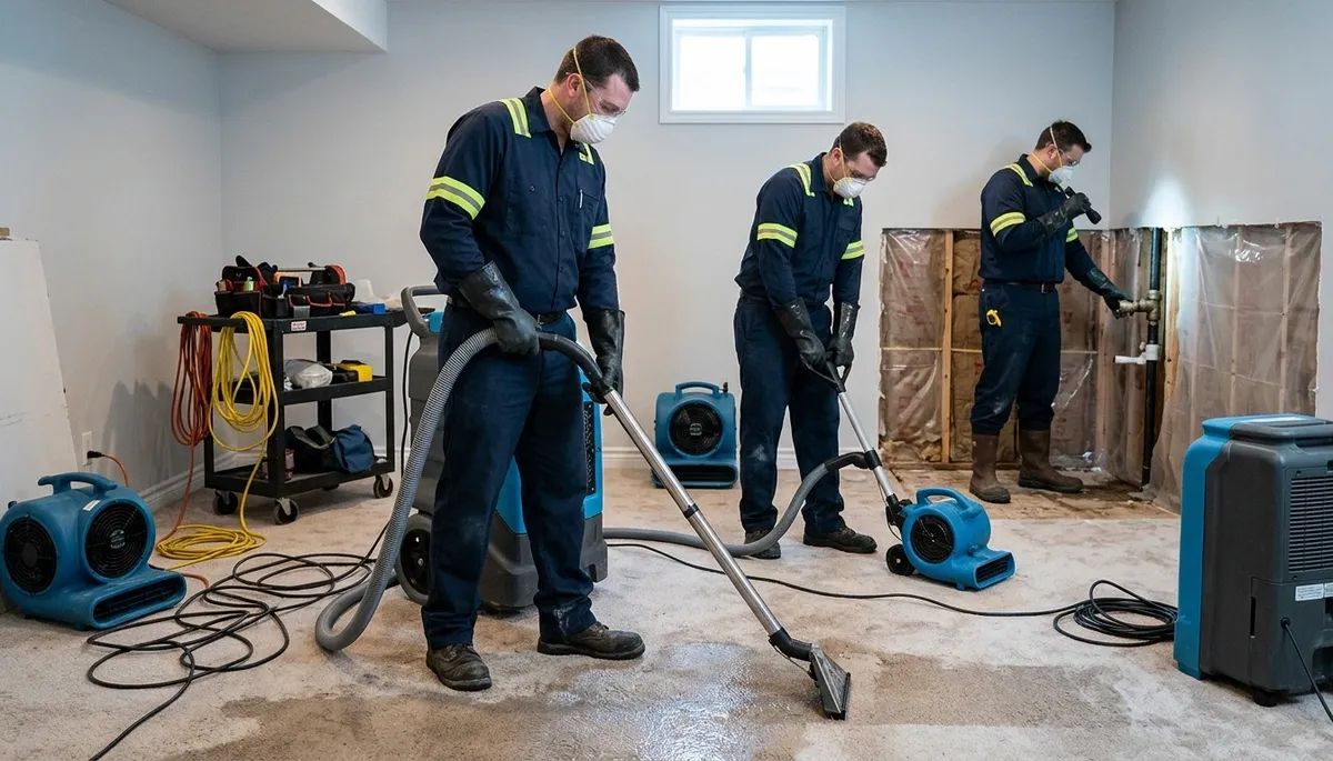 Odessa, TX water-damage crew cleaning up burst pipe water damage in a home
