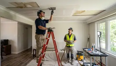 Odessa, TX water damage repair team fixing stained ceiling in a home