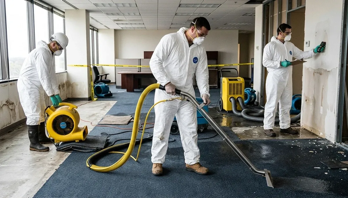 Commercial water damage restoration crew in Odessa, TX drying flooded business interior