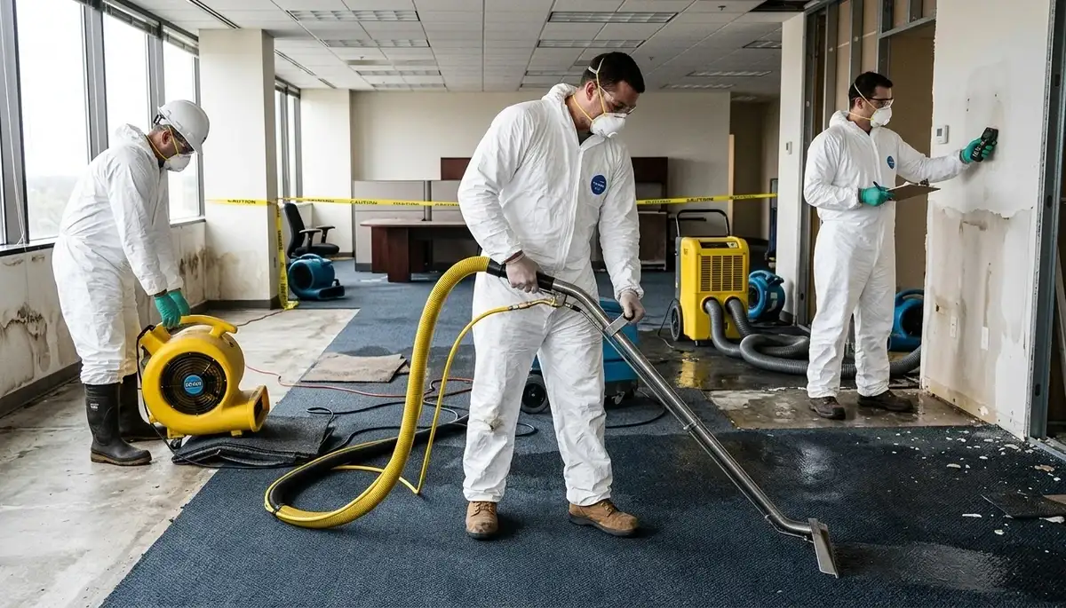 Commercial water damage restoration crew in Odessa, TX drying flooded business interior