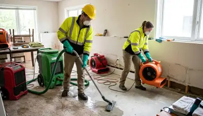 Flood damage cleanup crew drying an Odessa, TX home after storm runoff and water intrusion