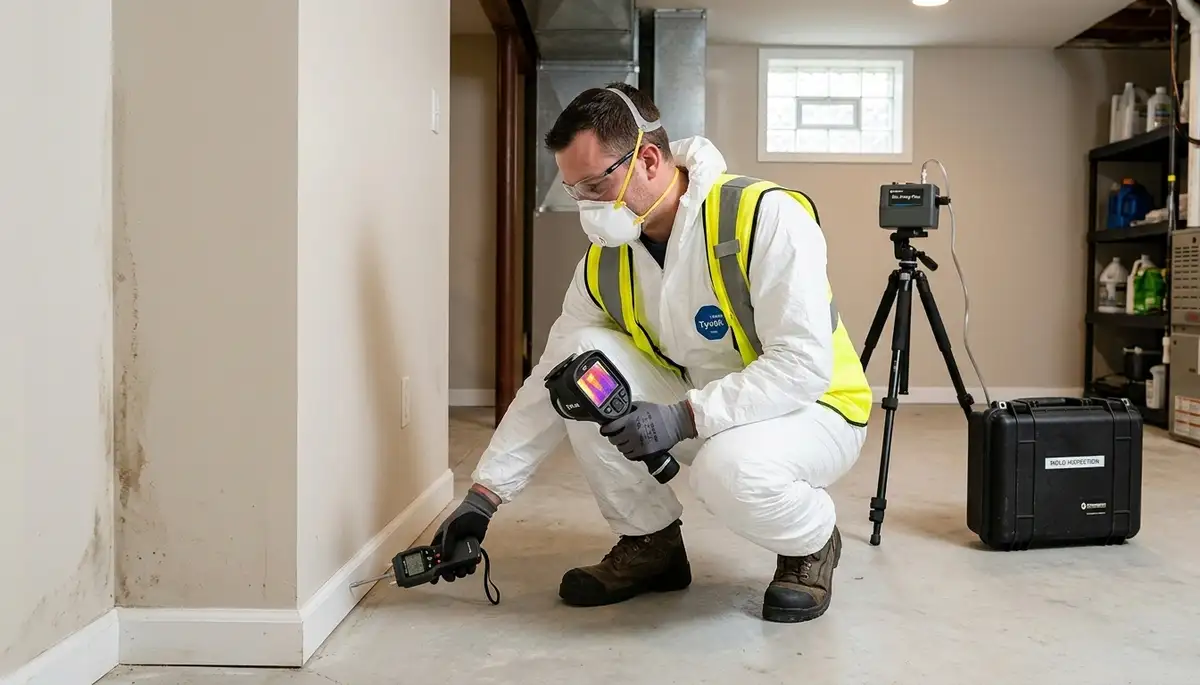 Mold inspection technician assessing hidden moisture in Odessa, TX home for water damage recovery