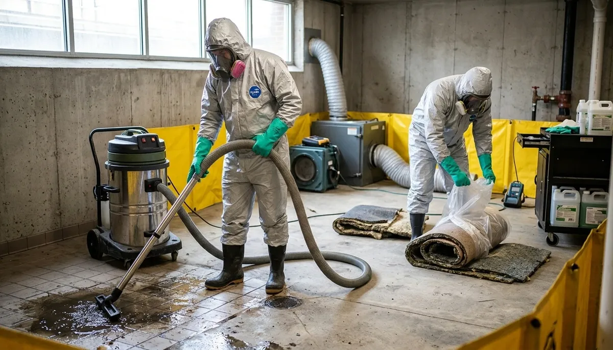 Sewage cleanup team restoring a water-damaged home in Odessa, TX with disinfecting equipment