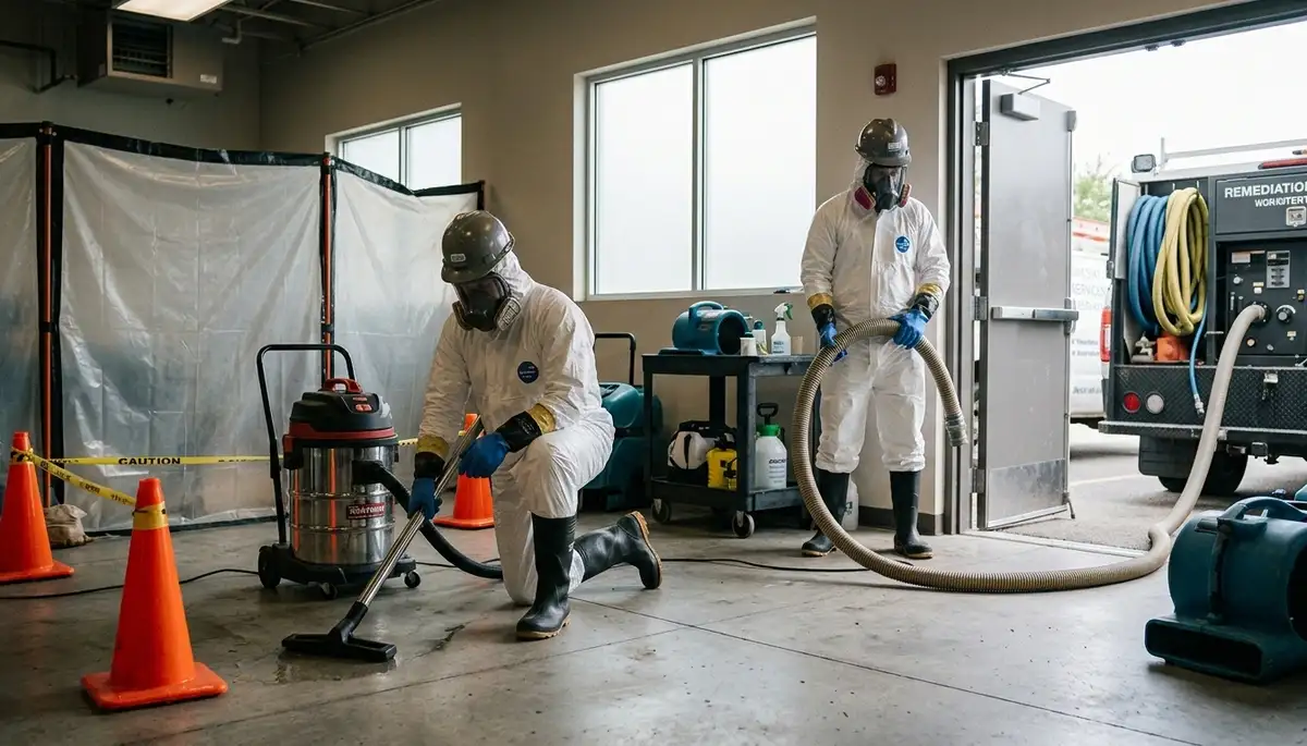 Sewage cleanup crew disinfecting a flooded Odessa, TX home after water damage