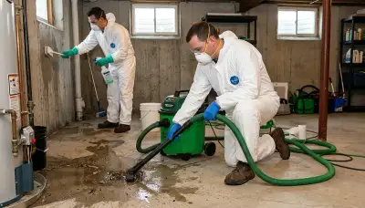 Sewer backup cleanup crew serving Odessa, TX, removing sewage and sanitizing a flooded property