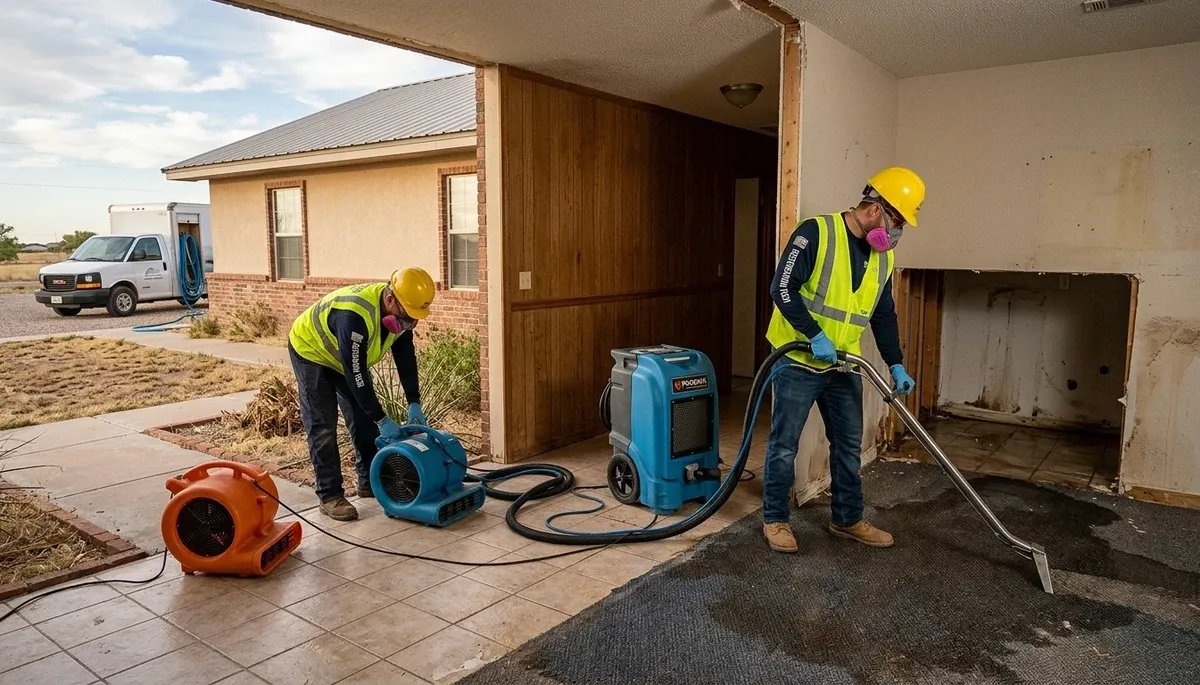 Water damage restoration team in Odessa, TX inspecting and drying a flooded property