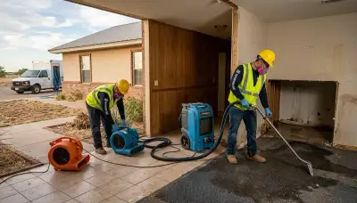 Water damage restoration team in Odessa, TX inspecting and drying a flooded property