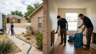 Water damage restoration crew serving Odessa, TX with professional cleanup equipment